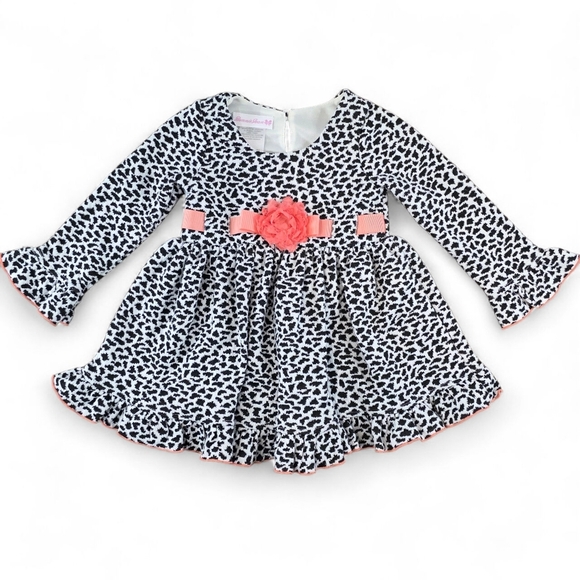 Bonnie Jean Toddler Girl Dress 2T Black White Animal Print Pink Flower - Picture 1 of 6